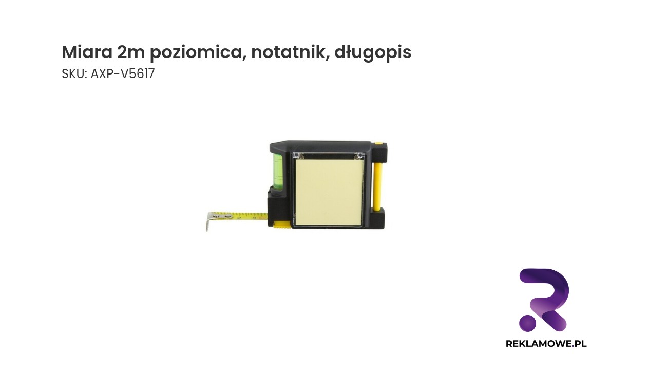Miara 2 metry z poziomicą, notatnik i długopis