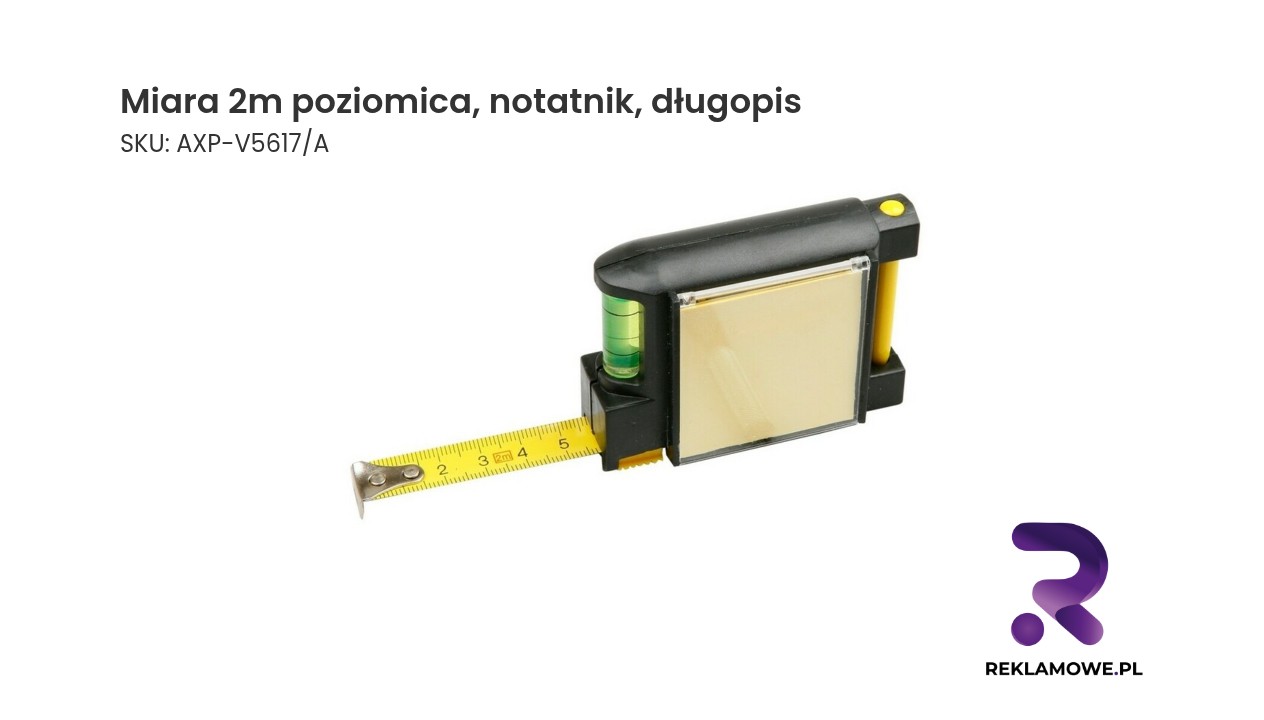 Zestaw narzędzi miara 2 metry z poziomicą, notatnik i długopis