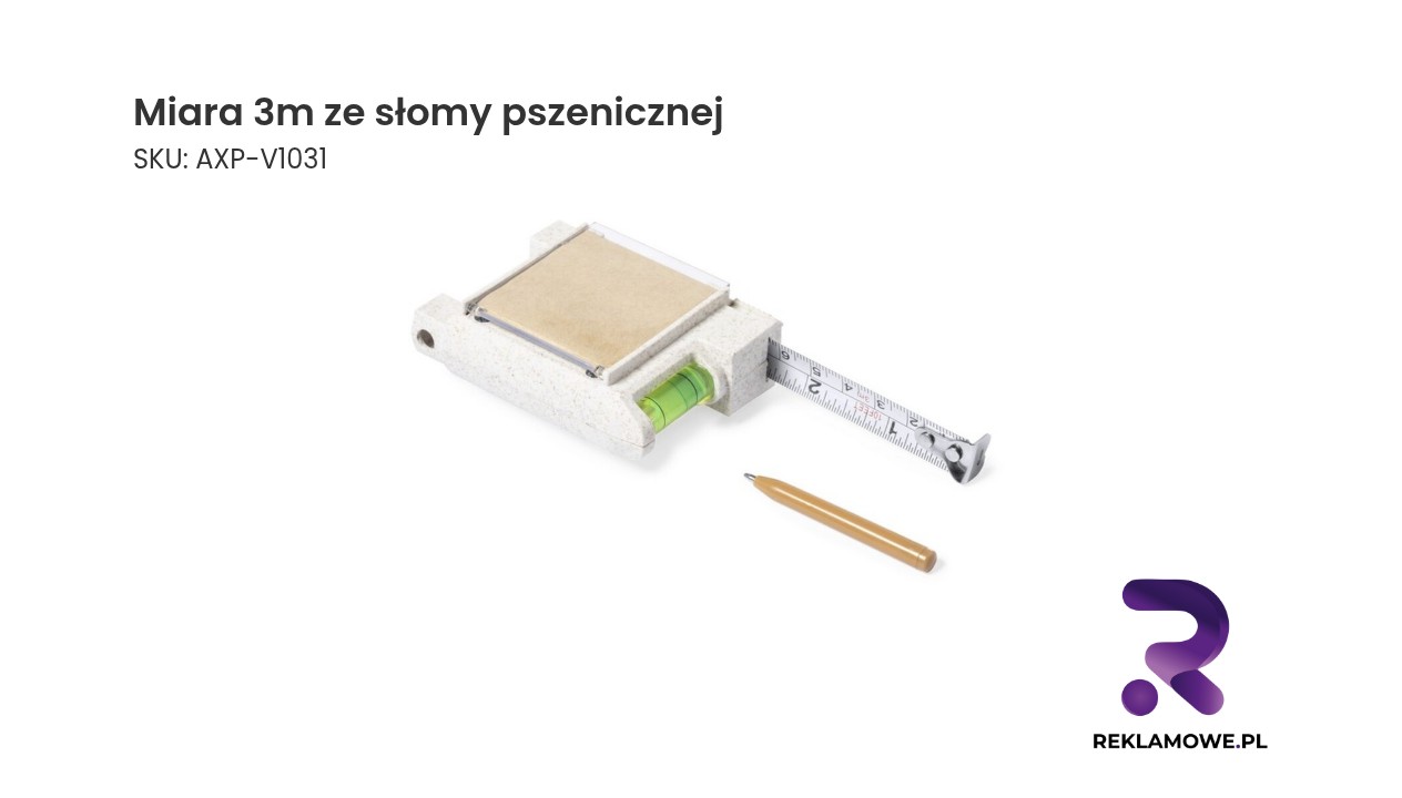 Miara 3m ze słomy pszenicznej, poziomica, notatnik, długopis Miara 3 metry wykonana ze słomy pszenicznej z wbudowaną poziomicą